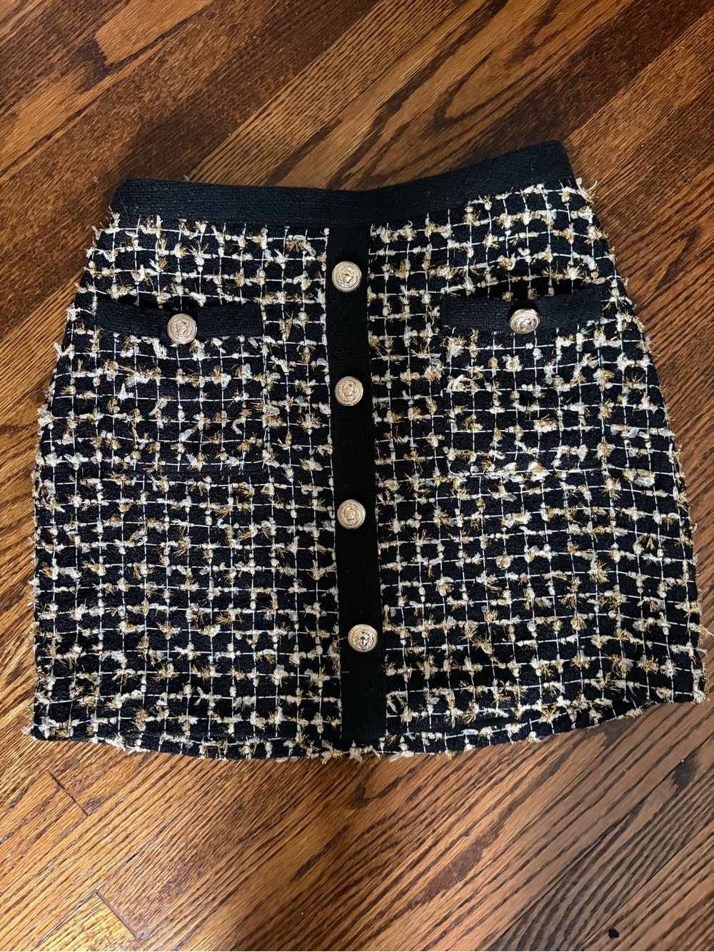 Black & White Tweed Button-Front Mini Skirt with Gold Thread